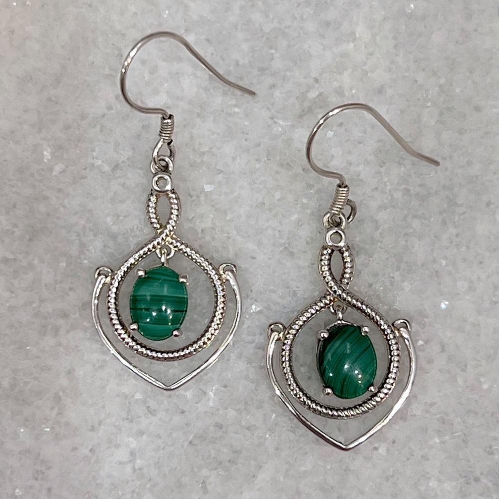 African Malachite Sterling Silver Dangling Drop Earring - Picture 3 of 9